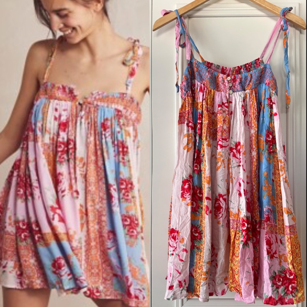 Free People Floral Patchwork Tie-Shoulder Romper in Pink, Blue, Orange